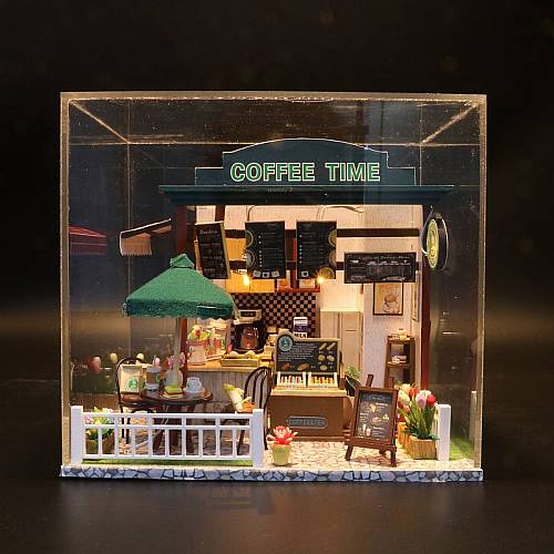 Miniature Doll House "Coffee Time" Shop (C006) w/LEDs Dust-proof Cover and Glue Present for Boys and Girls Wooden Crafts