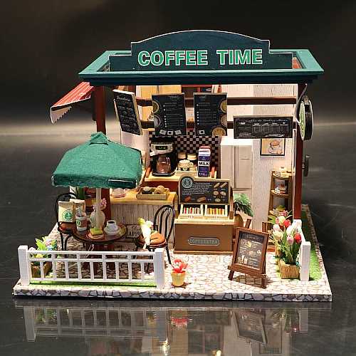 DIY Miniature Doll House "Coffee Time" Shop (C006) w/LEDs Dust-proof Cover and Glue Present for Boys and Girls Wooden Crafts