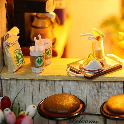 Miniature Doll House "Coffee Time" Shop (C006) w/LEDs Dust-proof Cover and Glue Present for Boys and Girls Wooden Crafts