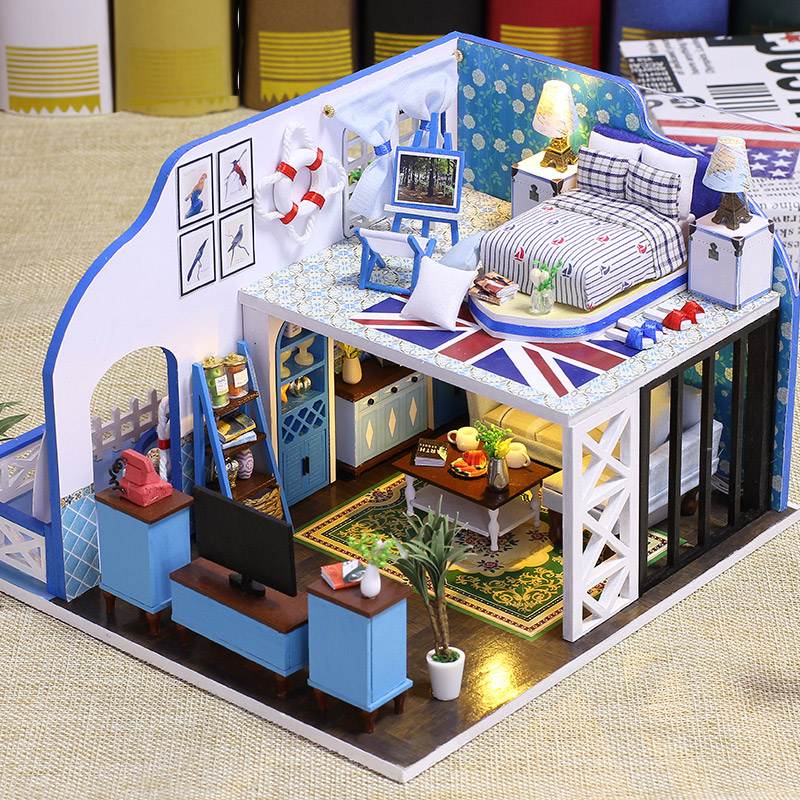 IIE CREATE Blue Coast (K024) Assemble Wooden Miniature Dollhouse w/LEDs, Dust Proof Cover and Glues Birthday Gifts