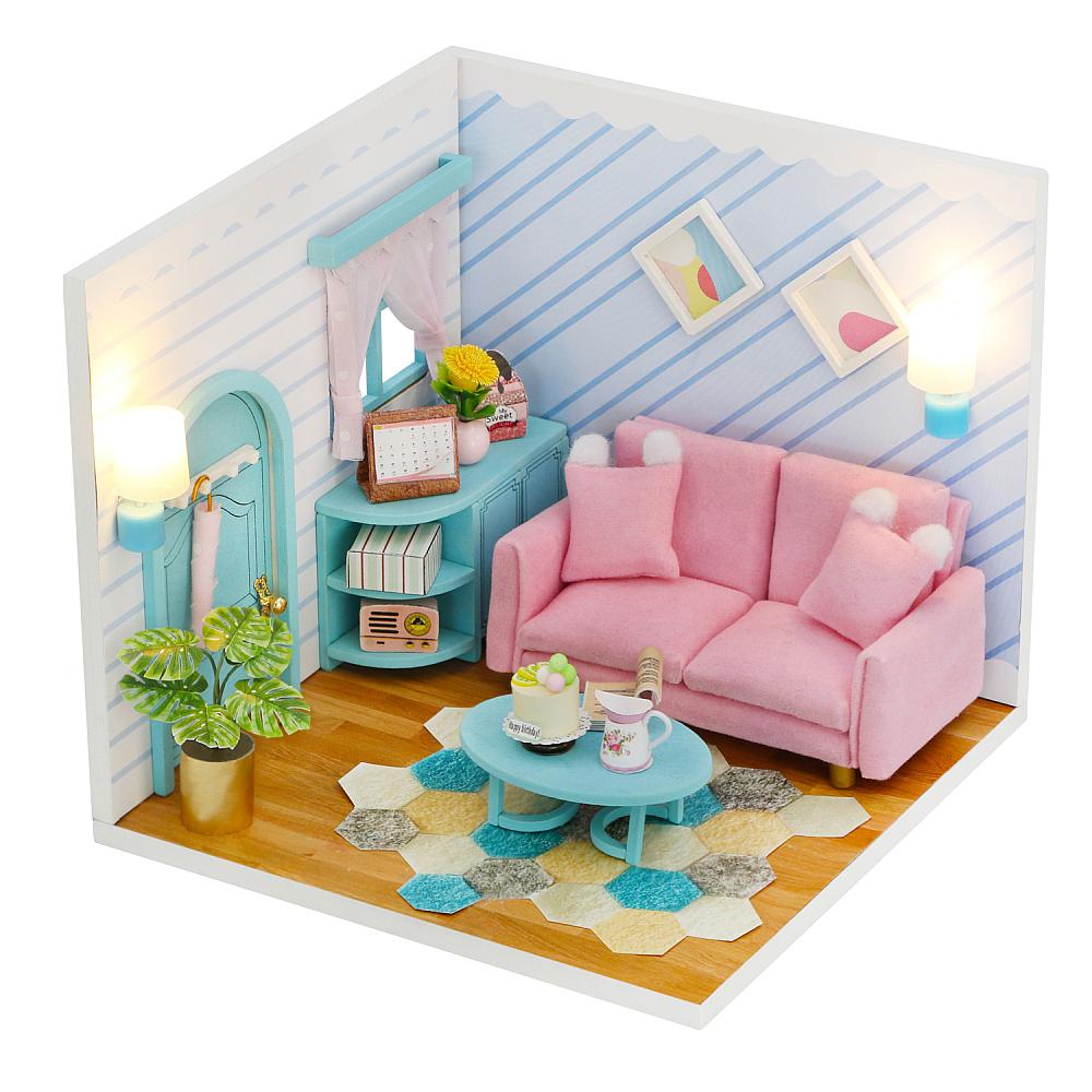 Wooden Miniature "Sunny Living Room" (S2004) Doll house toy w/ LEDs, Glue and Dust Cover Birthday Gift