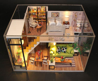 DIY M030 ’Enjoy the Romantic Nordic‘ Wooden Miniature Dollhouse w/ Dust Cover, LEDs and remote control switch