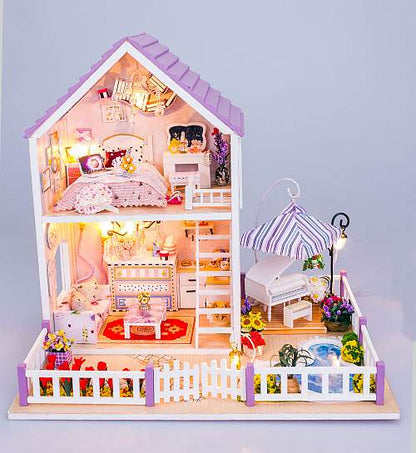 Dollhouse 13834 "Musical Summer" w/ Dust Proof Cover, Glues and LED Lights, Wooden Miniature Dollhouse Anniversary Gifts Birthday Presents
