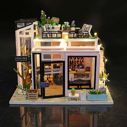 DIY M903 ’Hougang Studio‘ w/Dust Cover, LEDs Lights and Glues, Wooden Miniature Dollhouse Furniture Kits
