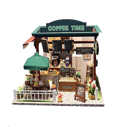 DIY (C006) "Coffee Time" Miniature Doll House Shop  w/LEDs Dust-proof Cover and Glue Present for Boys and Girls Wooden Crafts