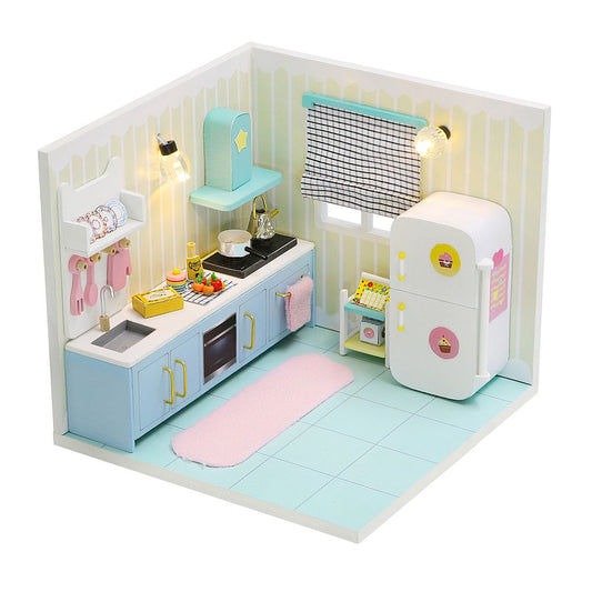 DIY Wooden Miniature "Happy Kitchen" (S2007) Doll house toy w/ LEDs, Glue and Dust Cover Birthday Gift