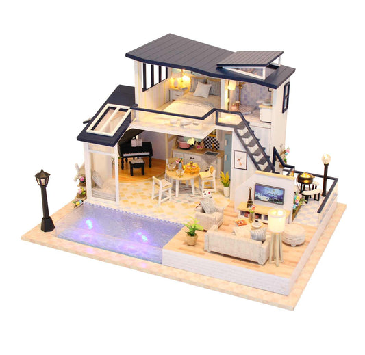 DIY Dollhouse Furniture Kits 'Mermaid Tribe‘ Wooden Miniature Dollhouse w/LED Lights, Glues and Dust Proof Cover Handmade Gifts Birthday Presents