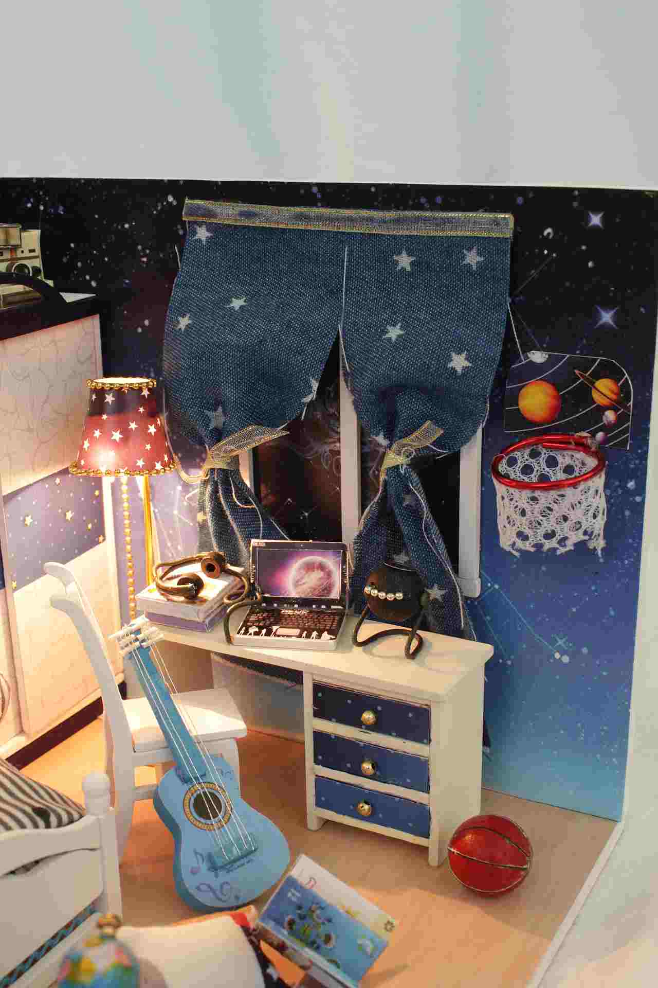 Wooden Miniature Dollhouse Furniture Kits 'Take You to See the Stars' w/LEDs, Dust Proof Cover and Glue Handmade Gifts Craft Presents