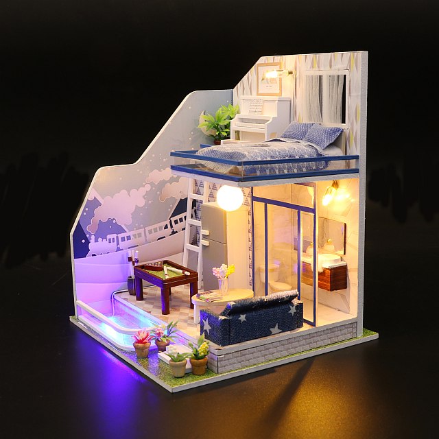DIY M042 'Sapphire Love ‘ w/ LED Lights, Dust Proof Cover and Glue Wooden Miniature Dollhouse Furniture Kits