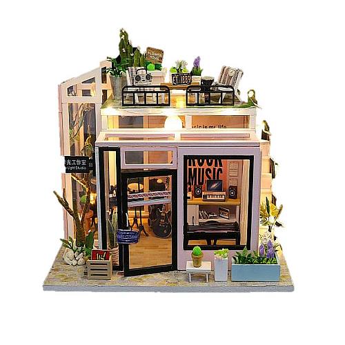 Hongda DIY M903 ’Hougang Studio‘ w/Dust Cover, LEDs Lights and Glues, Wooden Miniature Dollhouse Furniture Kits