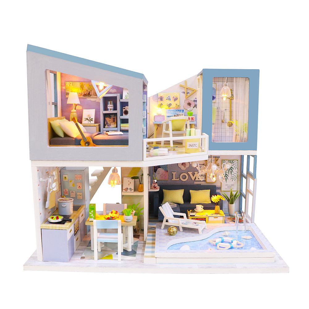 Hongda 'First Meet‘ (M910) Wooden Miniature Dollhouse w/ Dust Cover, Glues and LEDs Miniature Doll House Furniture Kit Gifts for Friends
