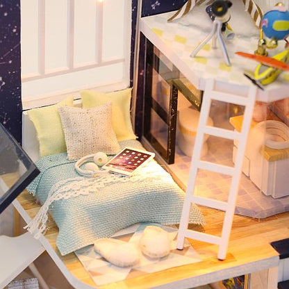 Assemble 'Shining Star‘ w/ LEDs, Dust Proof Cover and Glue Wooden Miniature Dollhouse Furniture Kits Gifts for Friend