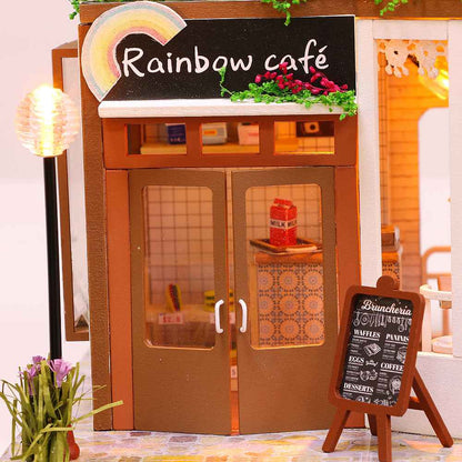 DIY M906 'Rainbow Café' Wooden Miniature Dollhouse w/ LEDs, Dust Proof Cover and Glues