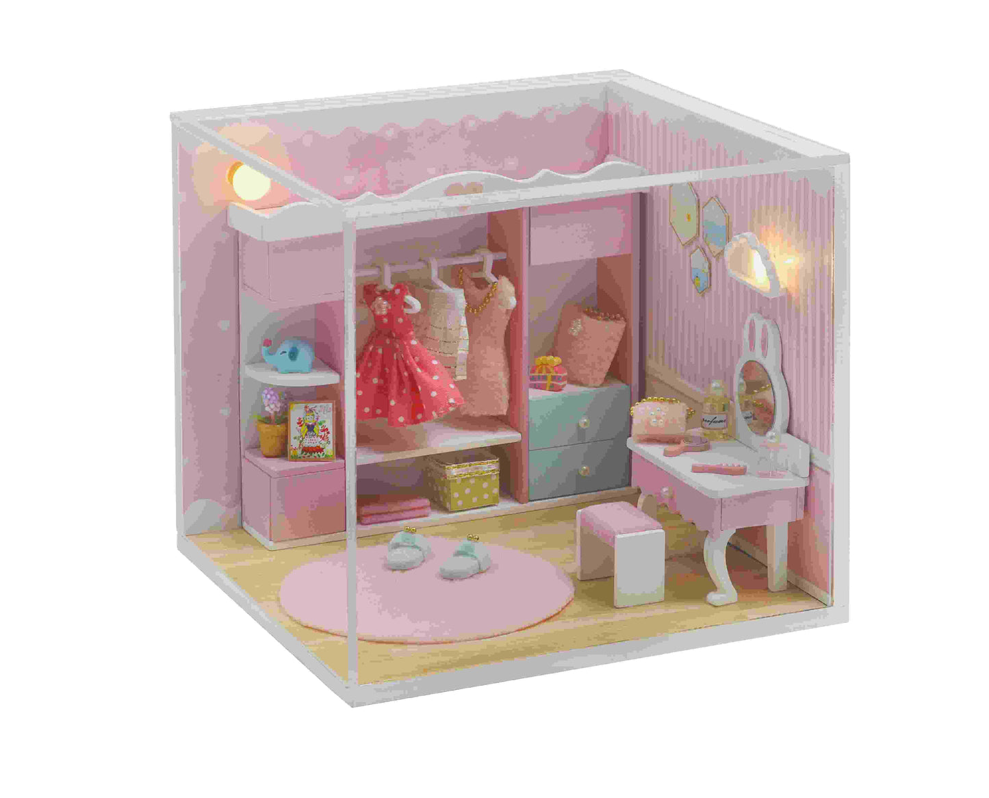 DIY Wooden Miniature "Lovely Cloakroom" (S2011) Doll house toy w/ LEDs, Glue and Dust Cover Birthday Gift