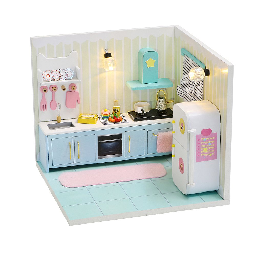 DIY Wooden Miniature "Happy Kitchen" (S2007) Doll house toy w/ LEDs, Glue and Dust Cover Birthday Gift