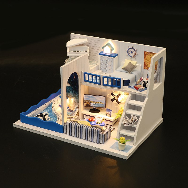 DIY M040 'The Sound of the Sea‘ Wooden Kids Toy Miniature Dollhouse w/ LED Lights and Glue