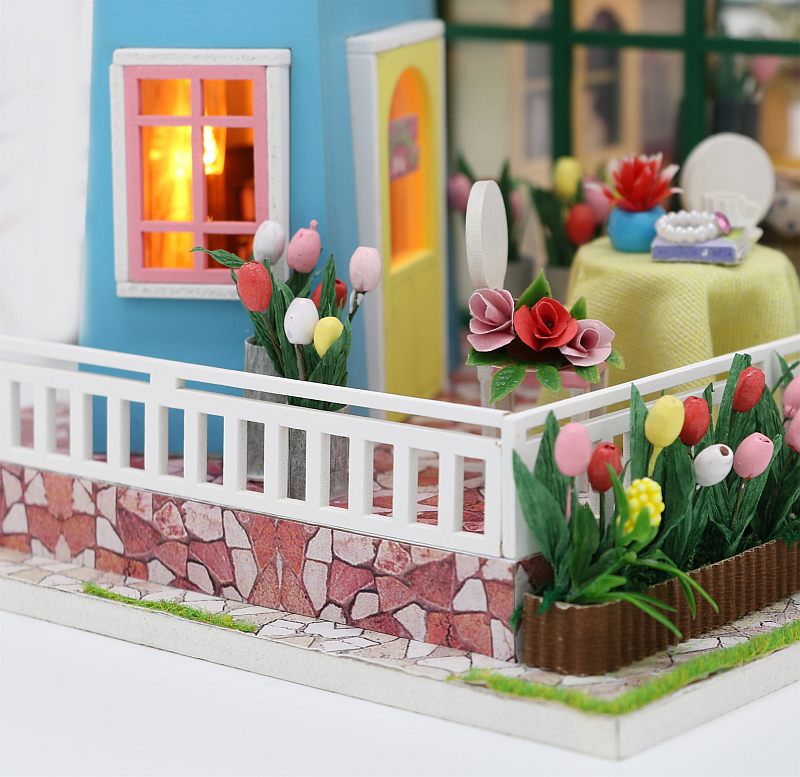 DIY M036 ’Amsterdam Windmill Flower House‘ Wooden Miniature Dollhouse w/ LED Lights, Music Movement and Glues
