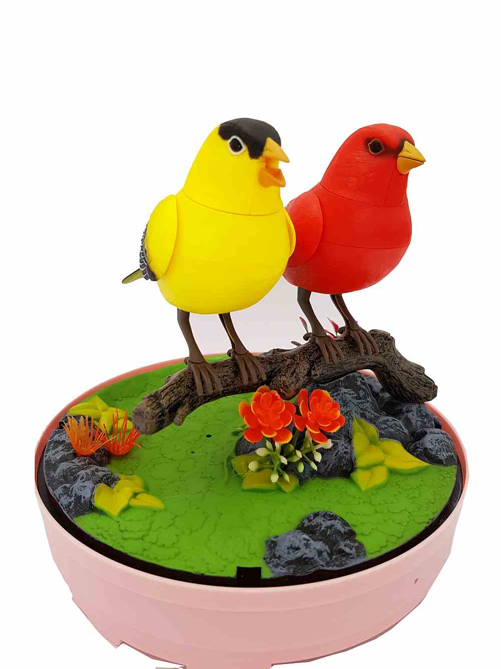 The Ensemble Bird Light Function Two Red and Yellow Birds in Cage Girl Presents