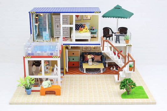 Dollhouse Wooden Furniture Kits 13842 'Container Home B'  w/ Dust Proof Cover, LEDs and Glues, Handmade Gifts Birthday Presents