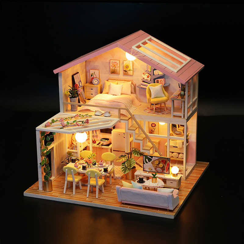 DIY Wooden Miniature Dollhouse 'Sweet Time‘ (M2001) w/ LEDs, Dust Proof Cover and Glues