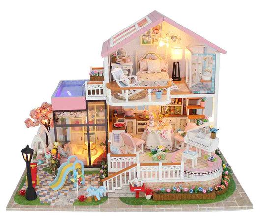 Miniature Dollhouse 13846 'Sweet Words‘ w/ LEDs and Remote Control Switch, Dust Proof Cover Wooden Miniature Doll House, Handmade Gifts Birthday Presents