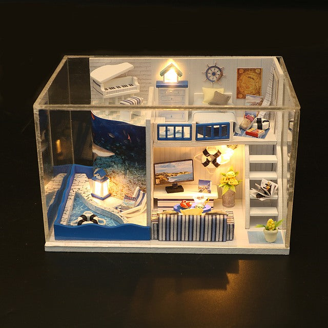 DIY M040 'The Sound of the Sea‘ Wooden Kids Toy Miniature Dollhouse w/ LED Lights and Glue