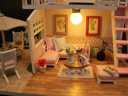 DIY M033 'Pink Loft‘ Wooden Kids Toy Miniature Dollhouse w/Dust Cover, LED Lights and Glue Present for Girls
