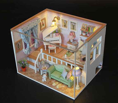 M026 ’Because of You‘ Wooden Miniature Dollhouse w/ LED Lights and Dust Proof Cover Assemble Dollhouse