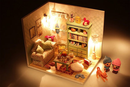 DIY Kids Toy Miniature Dollhouse w/ LEDs and Dust cover Assemble Doll House Furniture Kits Doll House Kits Craft Toys Fun Crafts Present for Kids