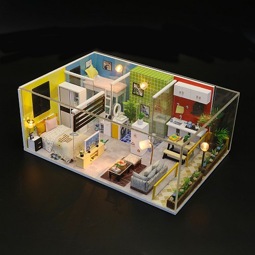 M043 ’Simple Life‘ Wooden Miniature Dollhouse w/ LEDs, Dust Proof Cover and Glues