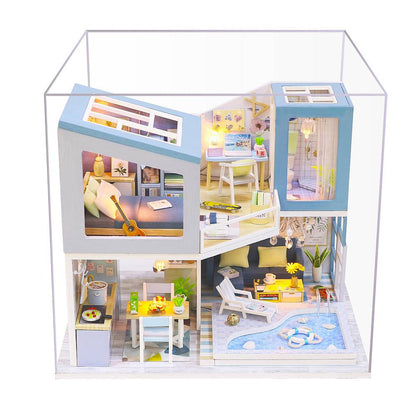 Hongda 'First Meet‘ (M910) Wooden Miniature Dollhouse w/ Dust Cover, Glues and LEDs Miniature Doll House Furniture Kit Gifts for Friends