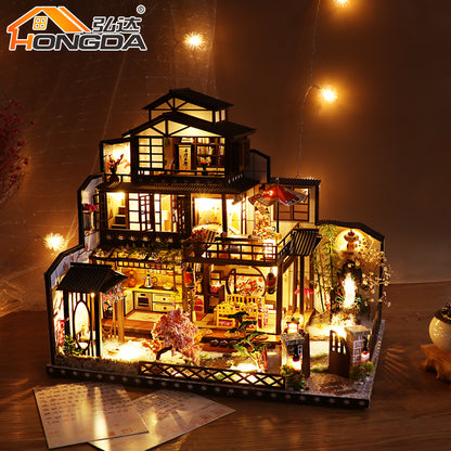 Wooden Miniature Dollhouse Furniture Kits "The Ancient Capital under Moonlight" (L2021) w/LED Lights, Dust Cover and Glues