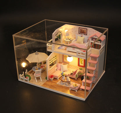 DIY M033 'Pink Loft‘ Wooden Kids Toy Miniature Dollhouse w/Dust Cover, LED Lights and Glue Present for Girls